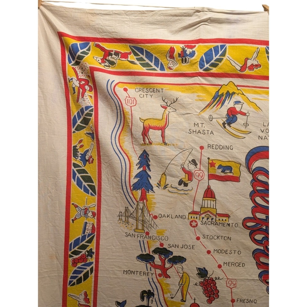 Vintage California Map Souvenir Linen Tablecloth Bandana‎ Tourist Kitsch - Picture 2 of 11